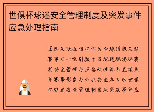 世俱杯球迷安全管理制度及突发事件应急处理指南
