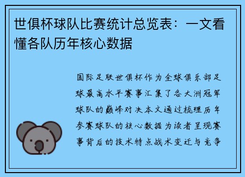世俱杯球队比赛统计总览表：一文看懂各队历年核心数据
